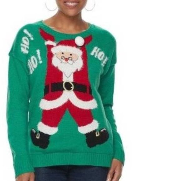 Womens Ugly Christmas Sweater Light Up Green Large Santa HOHOHO Long Sleeve Crew - Picture 1 of 4